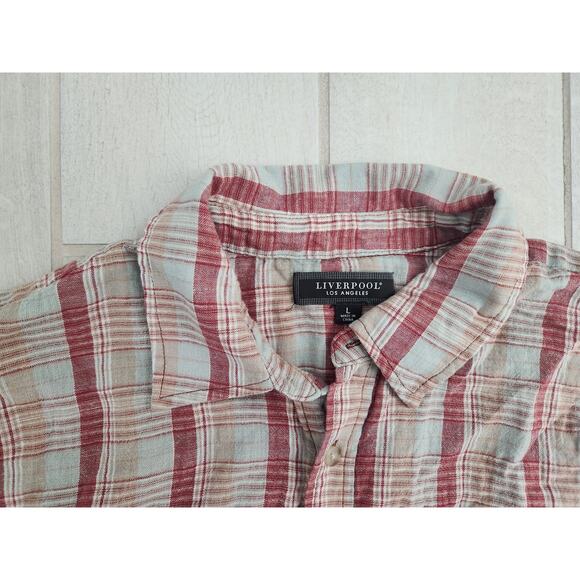 Liverpool Los Angeles Button shirt Plaid Short Sleeve Men's Large Linen Cotton - Picture 2 of 6